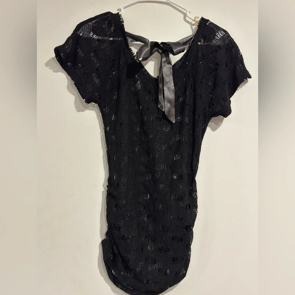 Si Designs Black Crochet Swim Cover Up Dress Ruched Tie Back Beachwear Size S